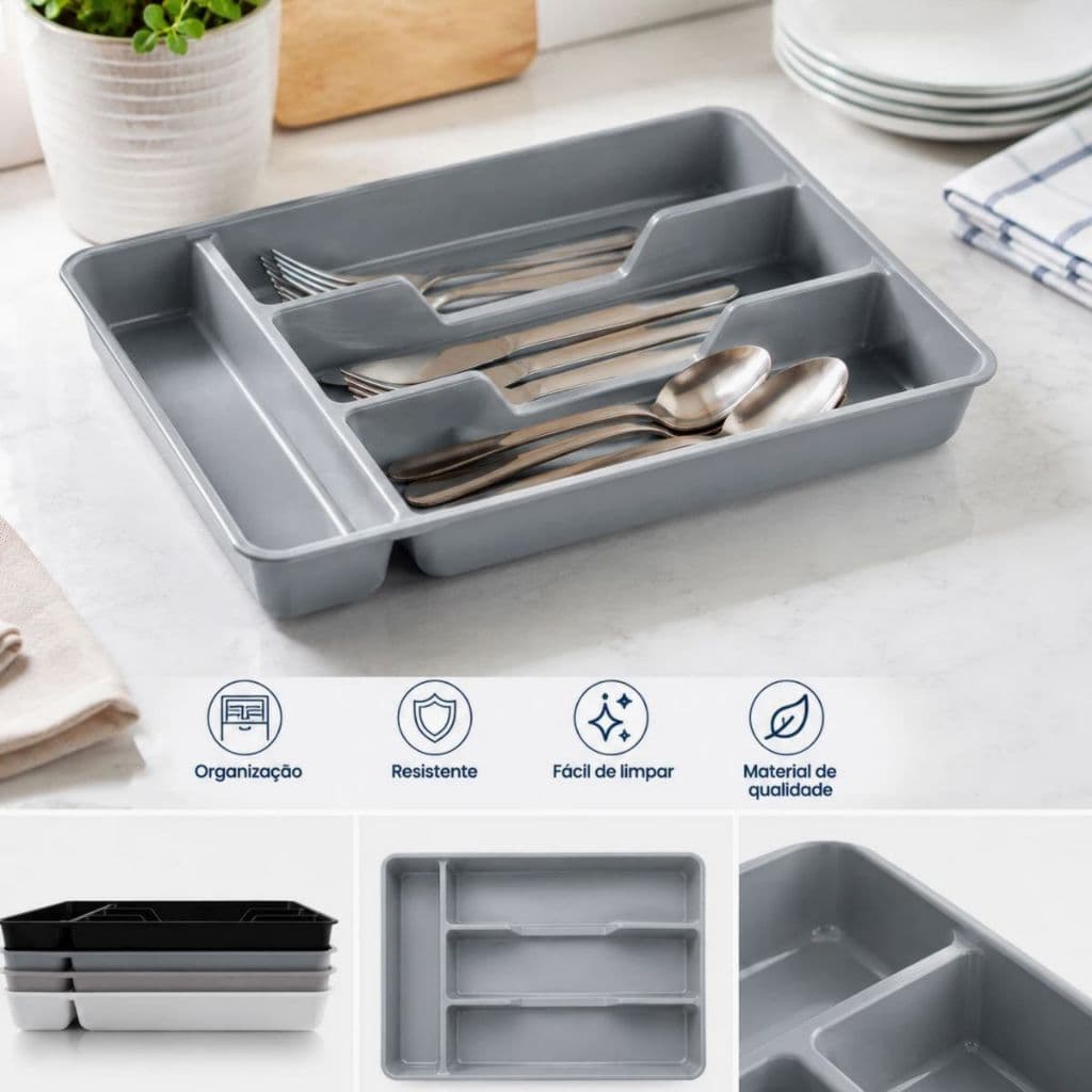 Organizador de Talheres Cozinha Porta Talher para Gaveta Suporte 27x17cm 4 Divisórias