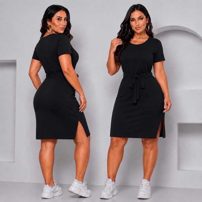 Vestido Envio Rápido Mid com cinto fenda lateral estilo casual básico moda feminina