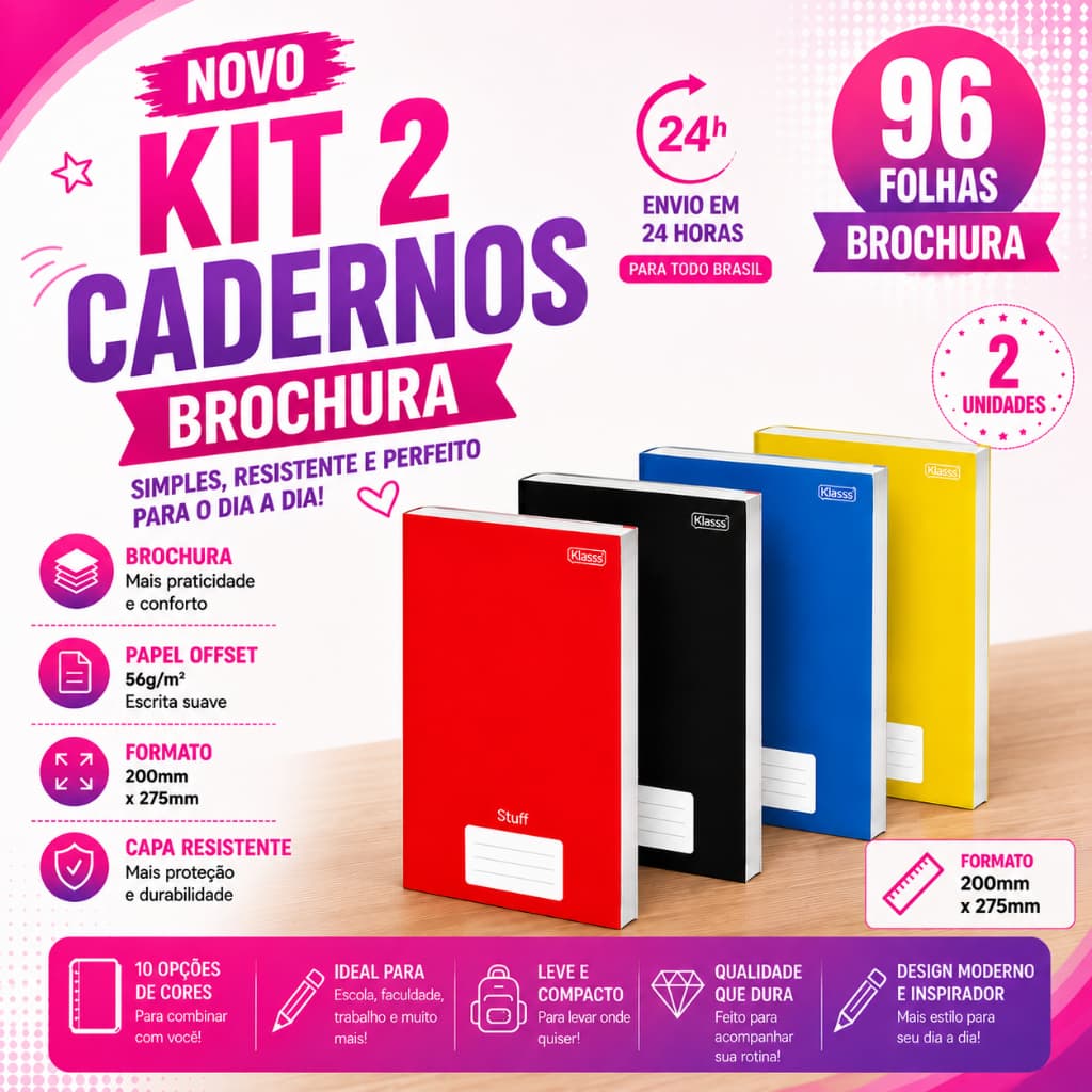 Kit 2 Cadernos Capa Dura GRANDE Brochurao 96 Folhas Infantil Universitário