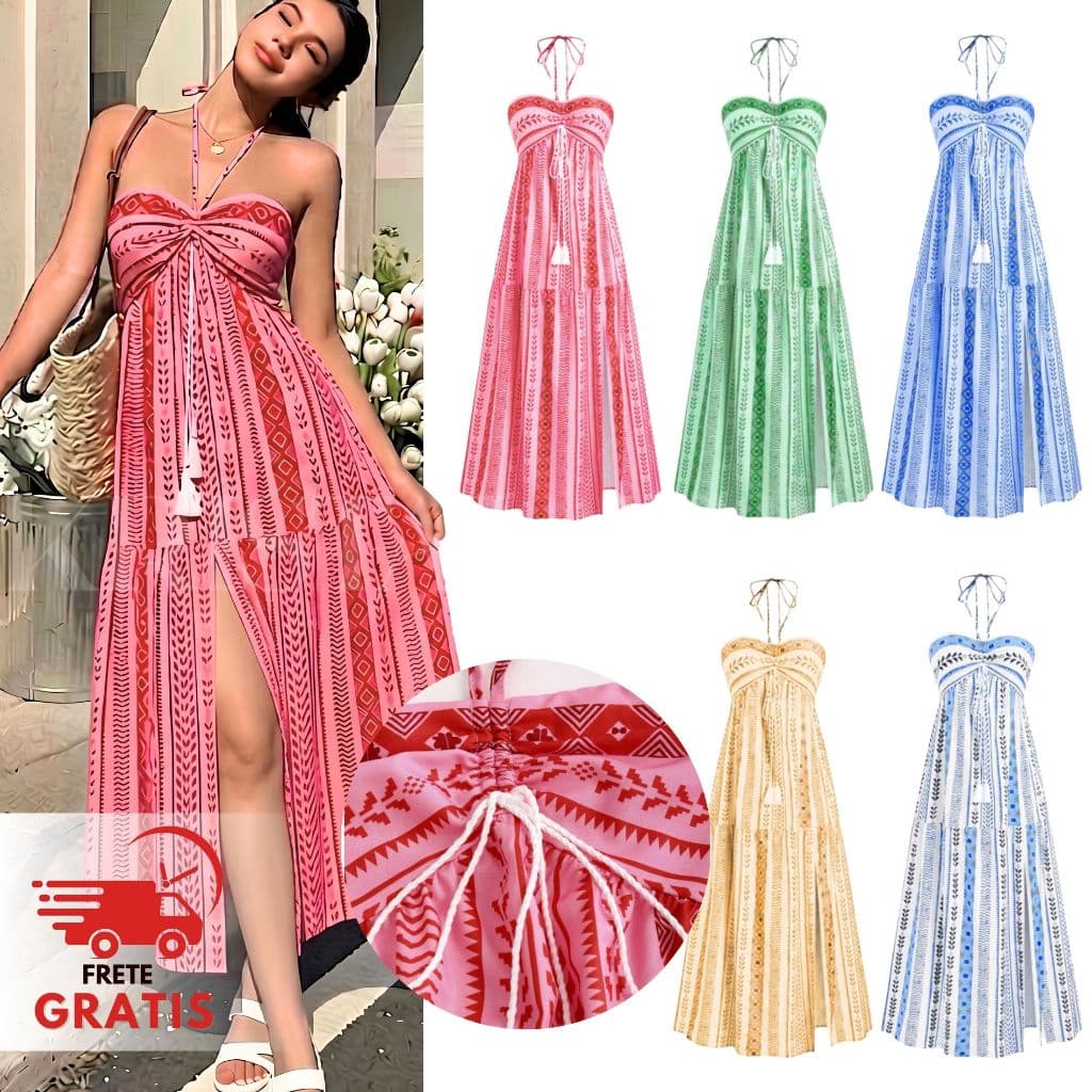 Vestido Boho Midi Tribal com Fenda, Crepinho Fresco, Sem Bojo, Costas com Elastex – Kristal Unique