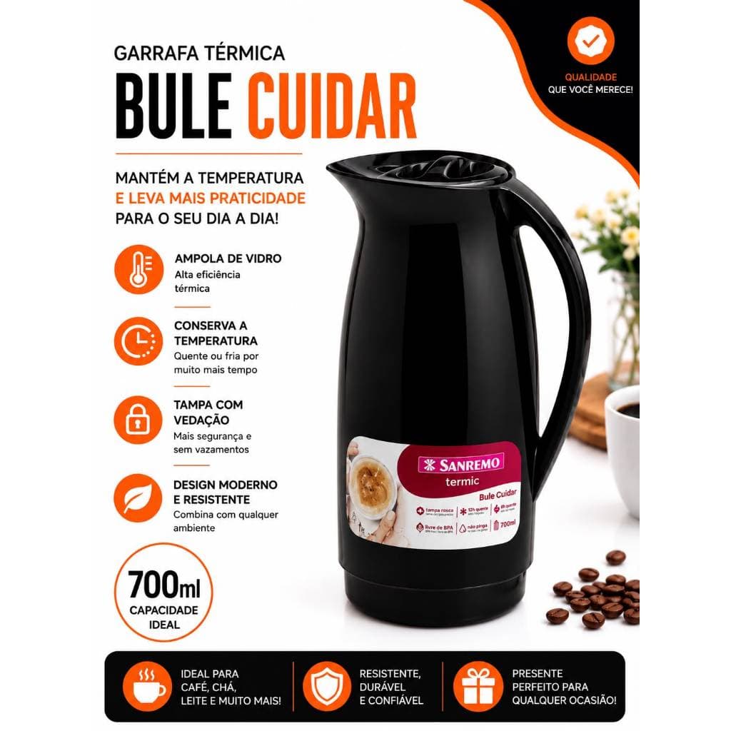 Garrafa Térmica Sanremo Bule Cuidar 700ml – Café e Chá – Conserva Quente e Frio – Com Tampa e Vedação (PRETA)