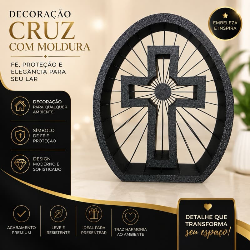 Cruz Decorativa com Moldura 3D – Enfeite Religioso para Parede