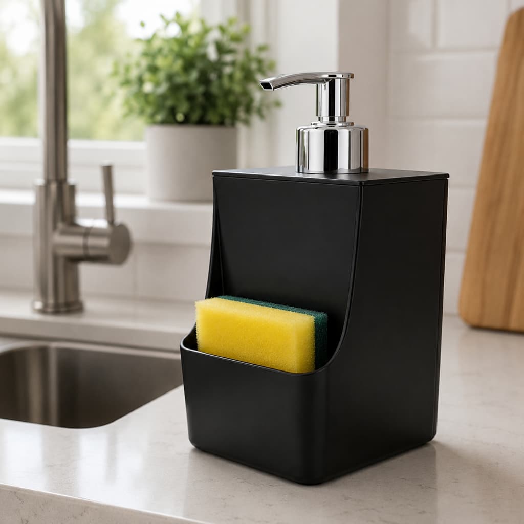 Porta Detergente com Dispenser e Porta Esponja Integrado 550ml Preto