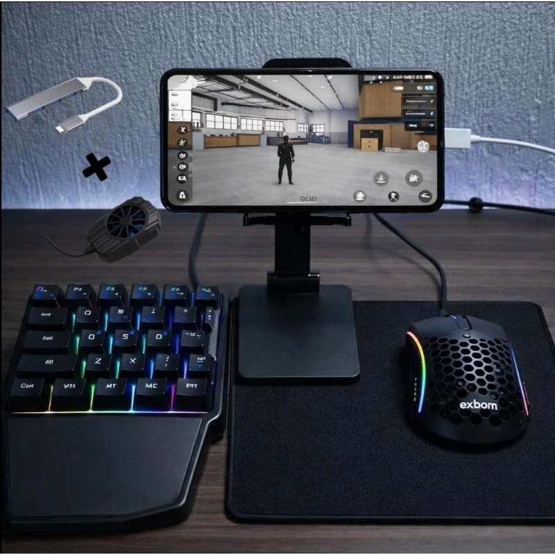 Kit Mobilador Completo com cooler Hub tipo C Mouse Gamer teclado de uma mão mouse pad e suporte para celular