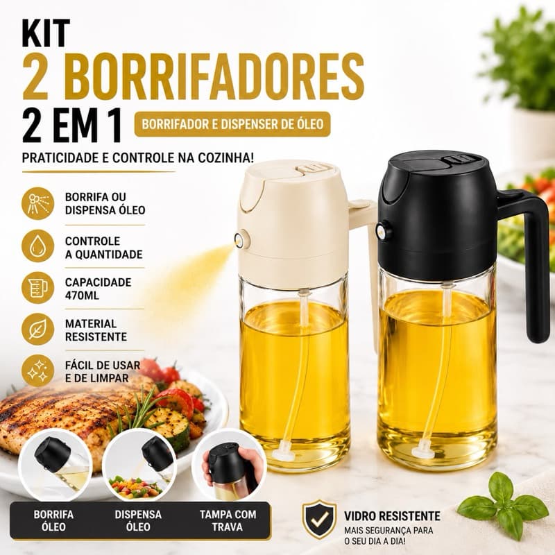 2 Spray borrifador Galheteiro 2 em 1 470ml  azeite e Dispenser de Óleo Vidro com Tampa com Trava para Cozinha dosador