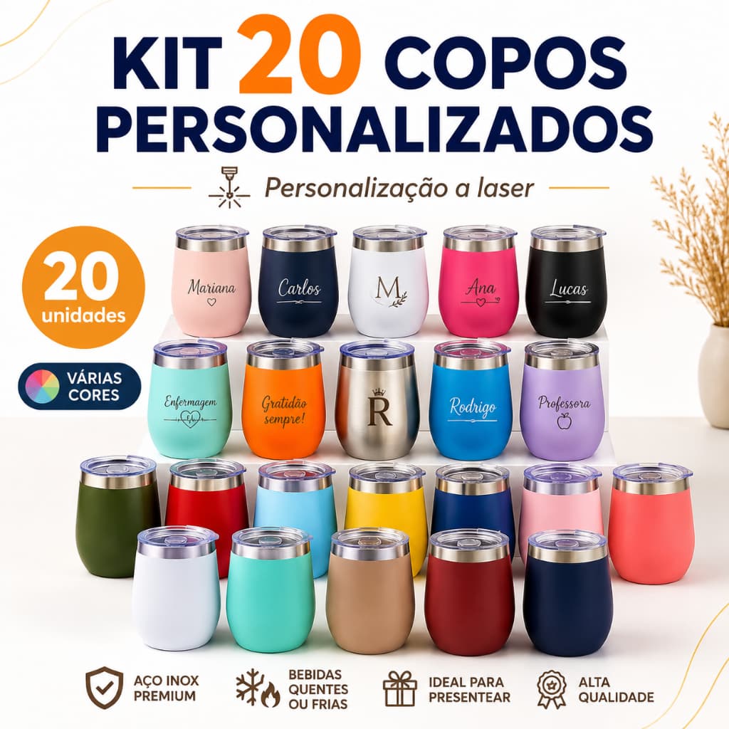 Kit 20 Copos Térmicos Cuia 360ml Inox Personalizados a Laser Brinde Empresa Evento Festa Casamento Formatura