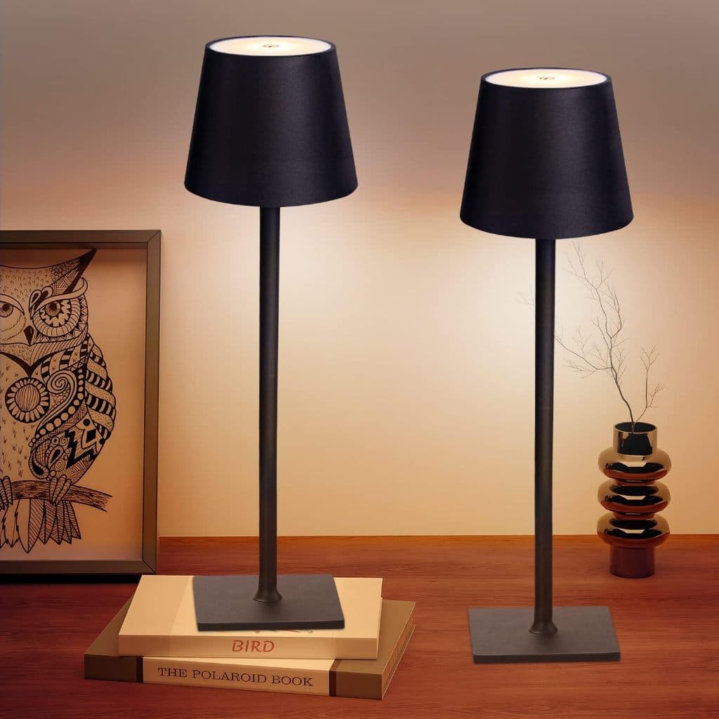 Luminária Abajur Mesa LED Touch Sem Fio Recarregável Dimerizável 3 Cores Quarto Escritório - Branco e Preto