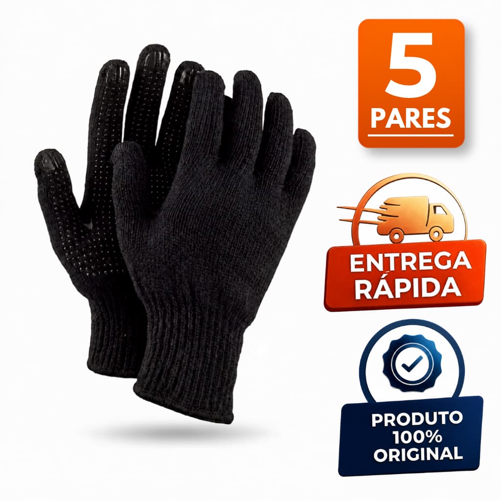 5 Pares Luva Tricotada Pigmentada Preta Reforçada Algodão Anti Derrapante Construção Obra Jardinagem Trabalho Industria