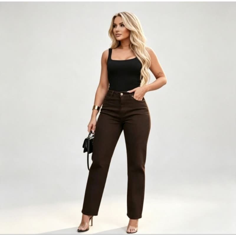 Calça Jeans Feminina Marrom Modela Corpo Tendência