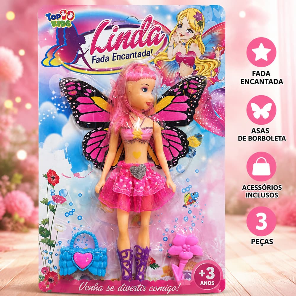 Boneca Fada Encantada com Asas de Borboleta, Bolsinha e Acessório – Kit 3 Peças Infantil +3 Anos