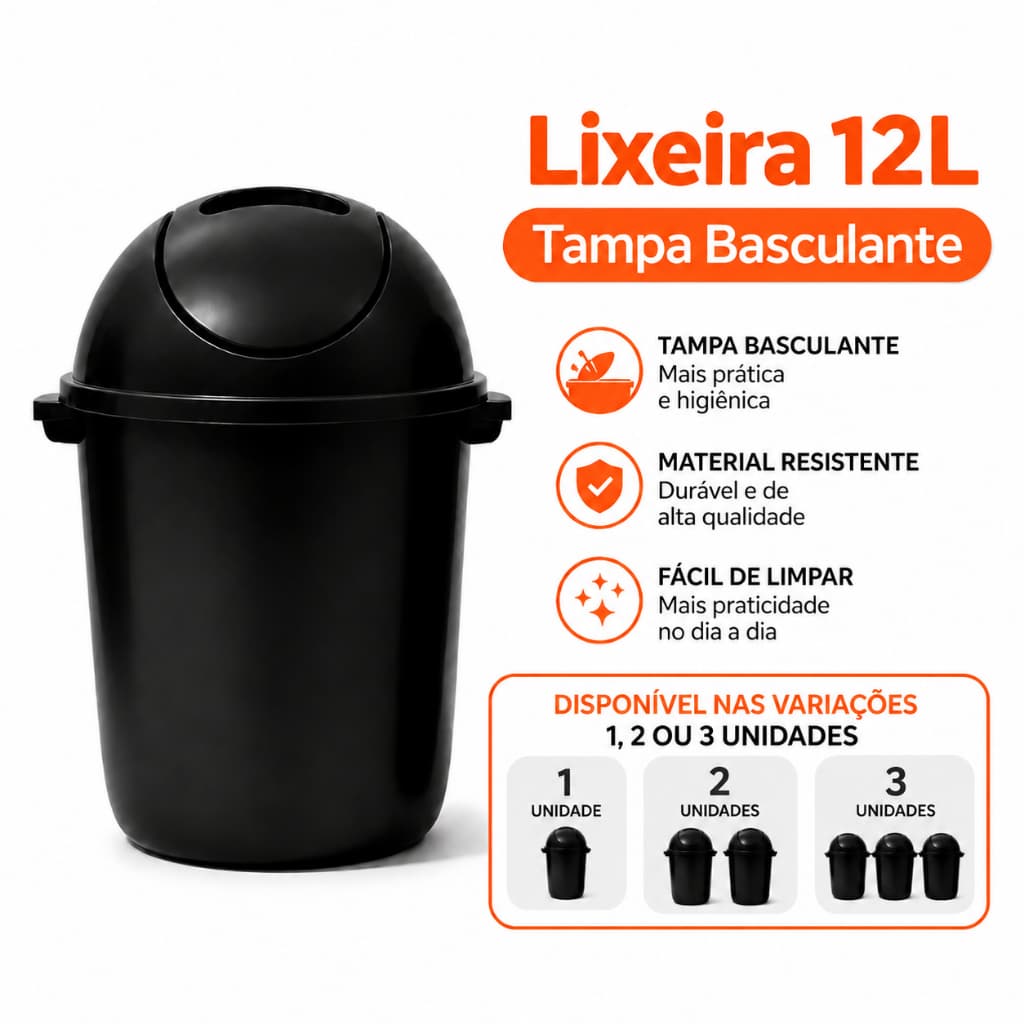 Lixeira 12L com Tampa Basculante Preta para Banheiro Cozinha Escritório
