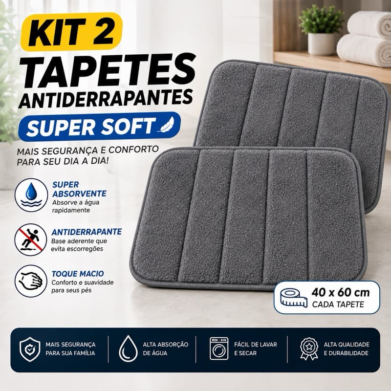 Kit 2 Tapetes Antiderrapantes Super Soft 40x60cm – Macio, Absorvente e Lavável para Banheiro, Quarto e Cozinha