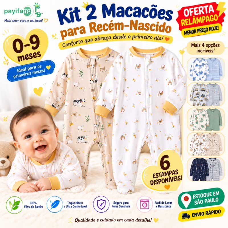 Kit 2 Macacões Bebê 100% Fibra de Bambu Pijama Manga Longa Zíper com Pezinho Recém-Nascido 0 a 9 Meses