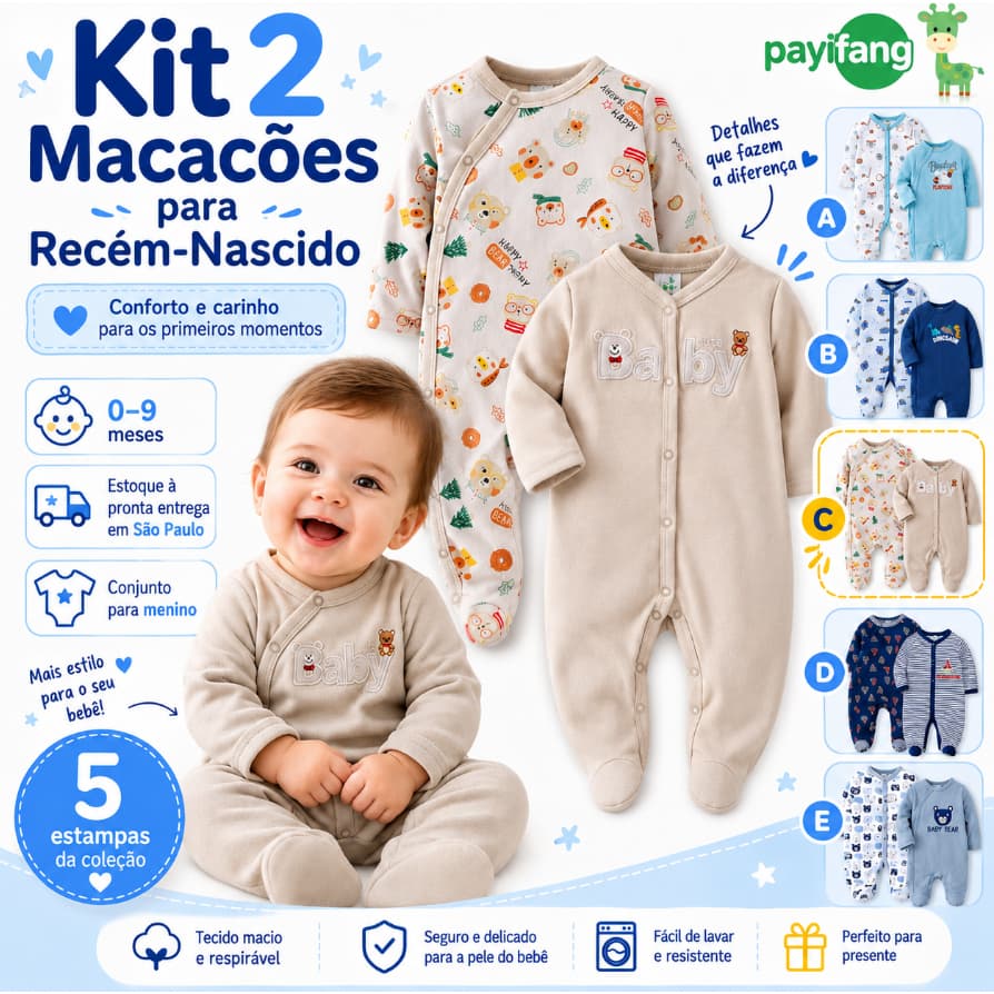 Kit 2 Pijamas Bebê Menino 100% Algodão Macacão Manga Longa com Pezinho Recém-Nascido 0 a 9 Meses