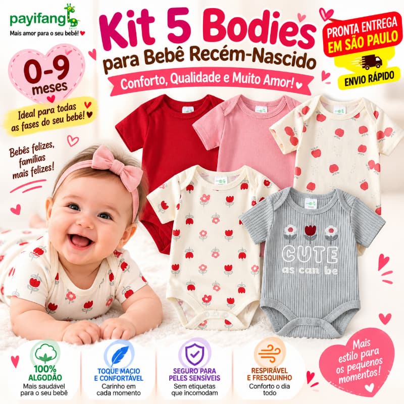 Kit 5 Bodies Bebê Menina Manga Curta Algodão Body Infantil Recém-Nascida 0 a 9 Meses