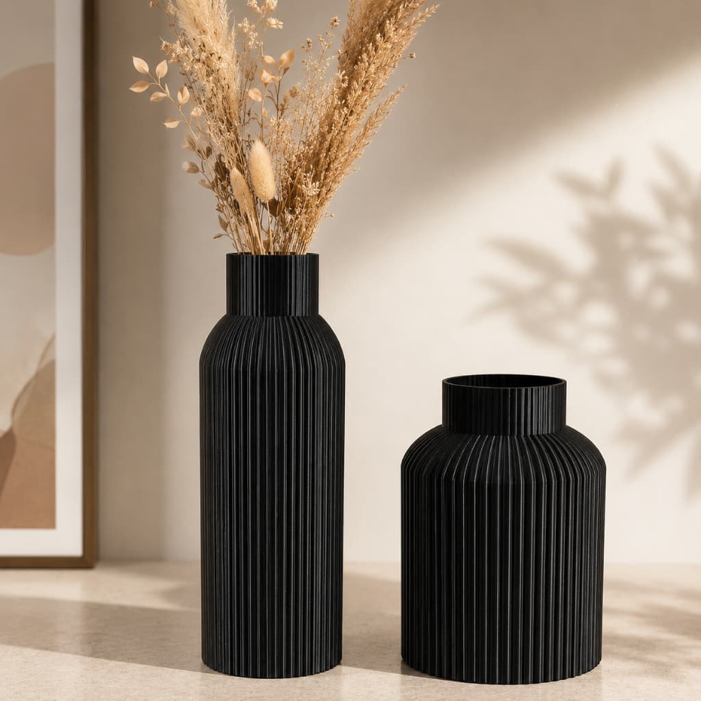 Kit 2 Vasos Decorativos Canelados Modernos para Sala Quarto Escritório Decoração Minimalista