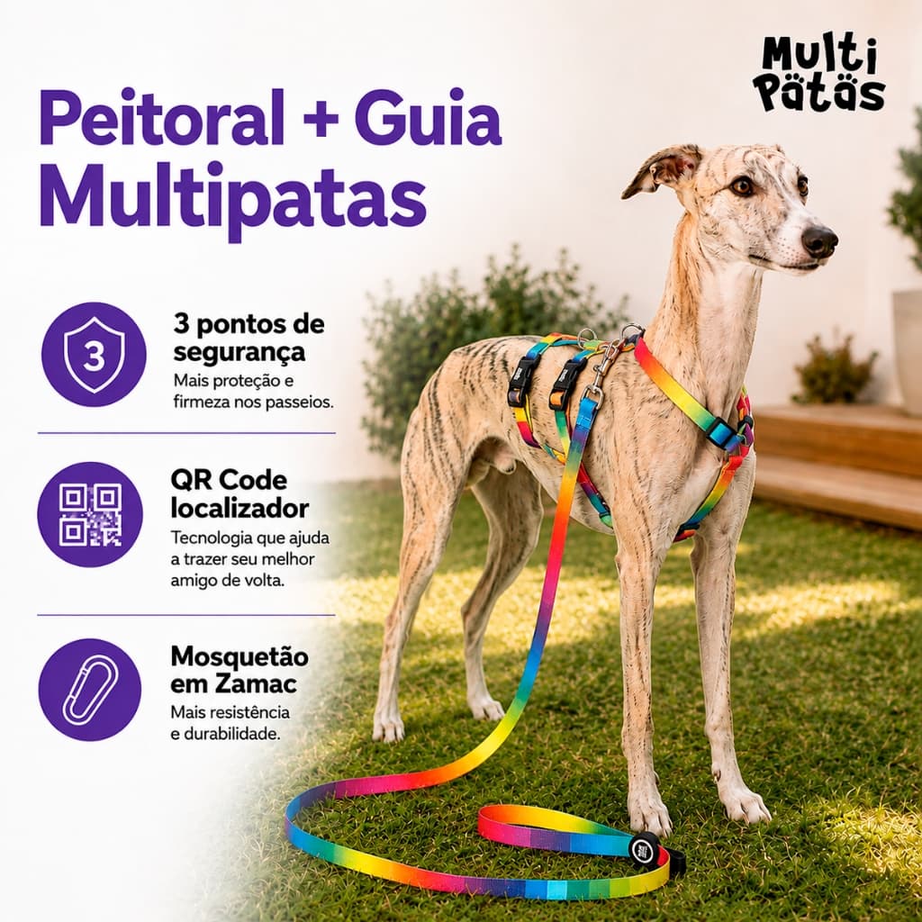 Peitoral Cachorro Com Guia Qr Code Localizador Multipatas Ajustável Rainbow
