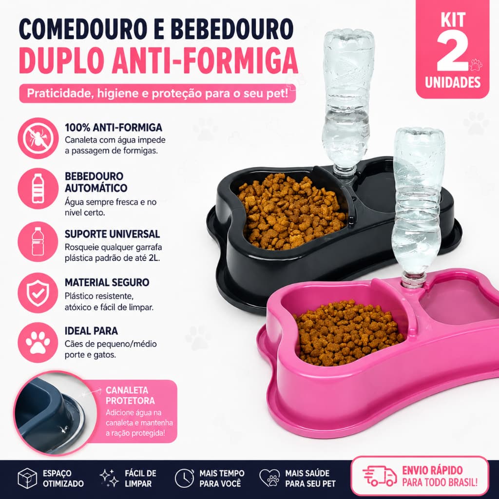 Kit 2 Comedouros Pet Anti-Formiga Bebedouro Automático Duplo Cães e Gatos Suporte para Garrafa