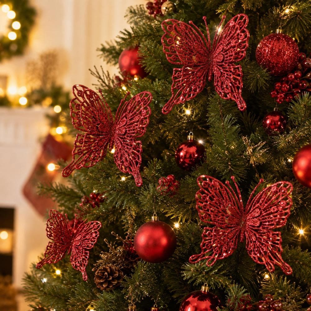 Kit 9 Borboleta de Natal com Glitter e Presilha, Enfeite para Árvore de Natal, Ornamento Natalino para Festa e Decoração