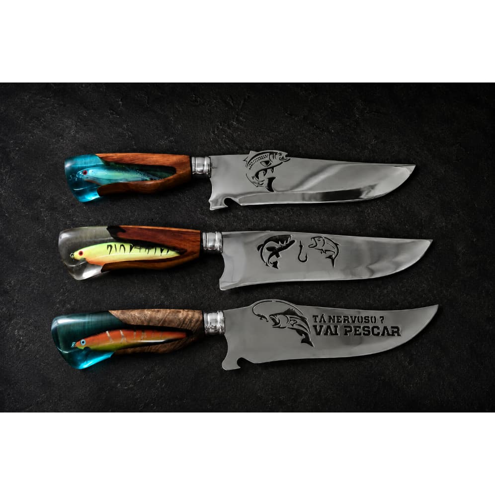 Faca Artesanal Churrasco 8" Pesca Cutelaria Premium Cabo Híbrido com Luxo Isca Artificial Colecionável