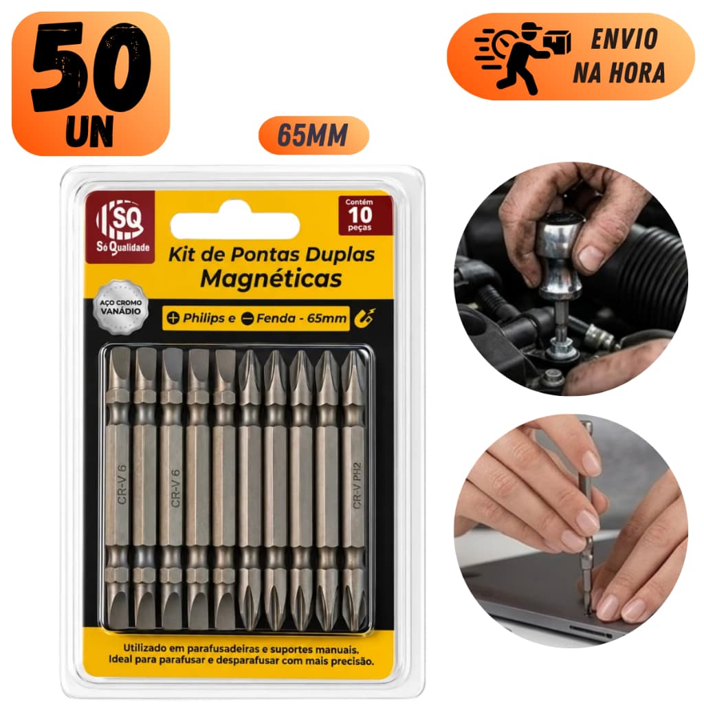 Kit Pontas De Bits 65mm Duplas Magnéticas Phillips Fenda Profissional Para Obra
