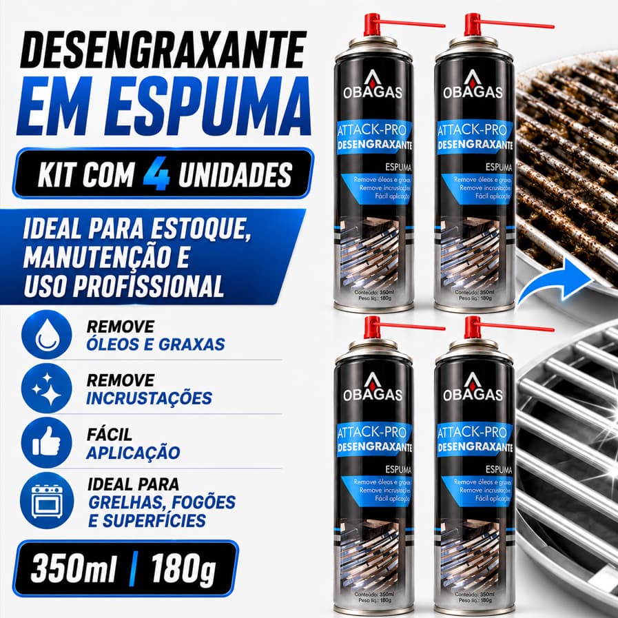 KIT 4 Desengraxante Spray Espuma Multiuso Facilita a Limpeza Gordura, Sujeiras Pesadas e Resíduos 350ml