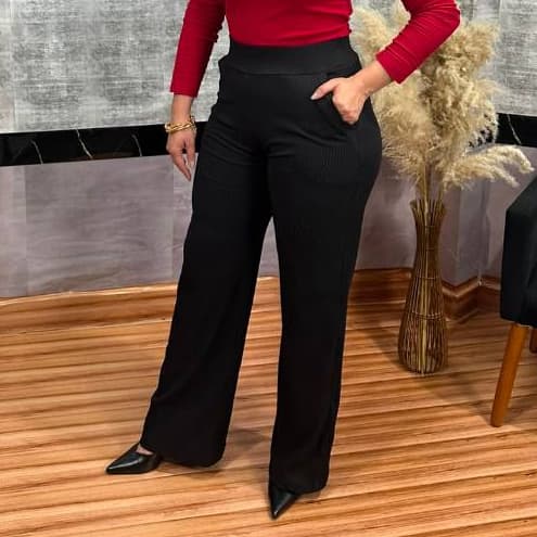 Calça Feminina Pantalona Canelado Feminino com Bolso Cintura Alta Estilosa Elegante Tecido Grosso