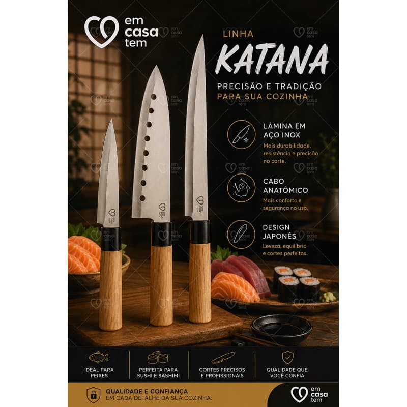 Kit 3 Facas Japonesas Linha Katana Aço Inox para Cozinha Sushi Sashimi