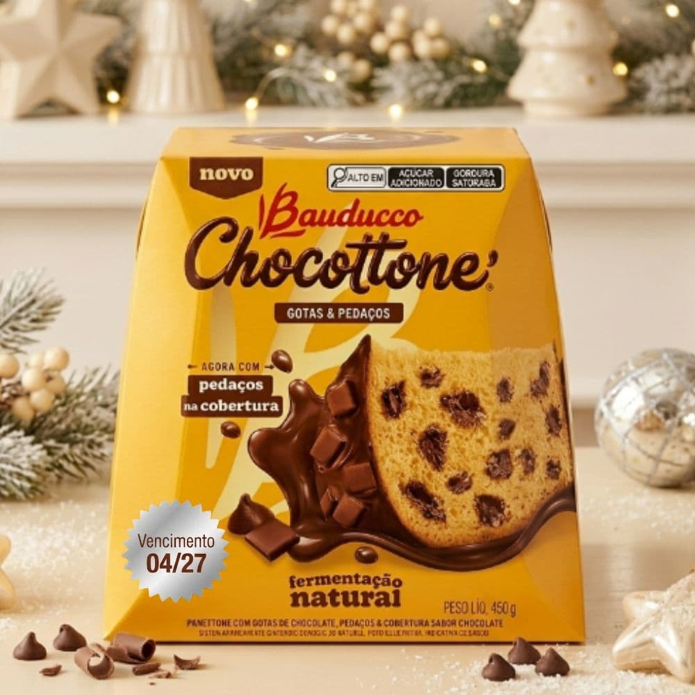 Chocotone Bauducco 450g Gotas de Chocolate com Pedaços na Cobertura Panetone Natal