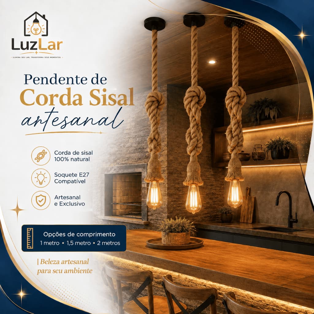 Luminária Pendente Rústico Duplo Teto Corda Sisal 1M 1,5M 2M Bocal E27 Bivolt Pendente Retrô Marrom Artesanal