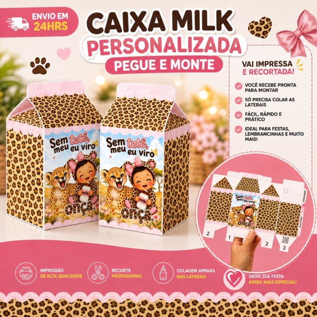 Kit 10 Caixa Milk Oncinha Baby Tete Personalizados /Lembrancinha de Festa /Aniversário / PEGUE E MONTE