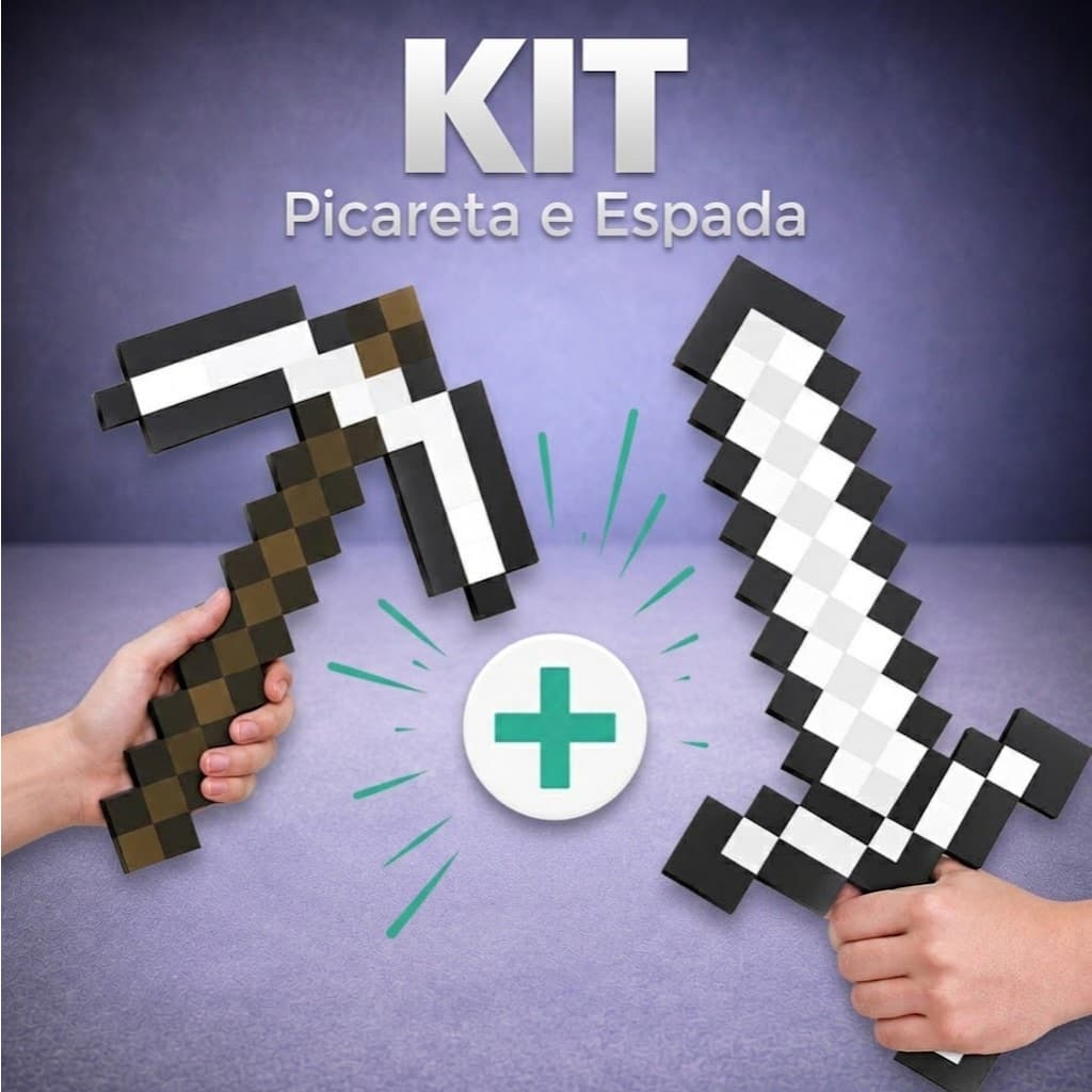 Kit Espada + Picareta Pixel Diamante Mine em 3D | Decoração Infantil Seguro Gamer