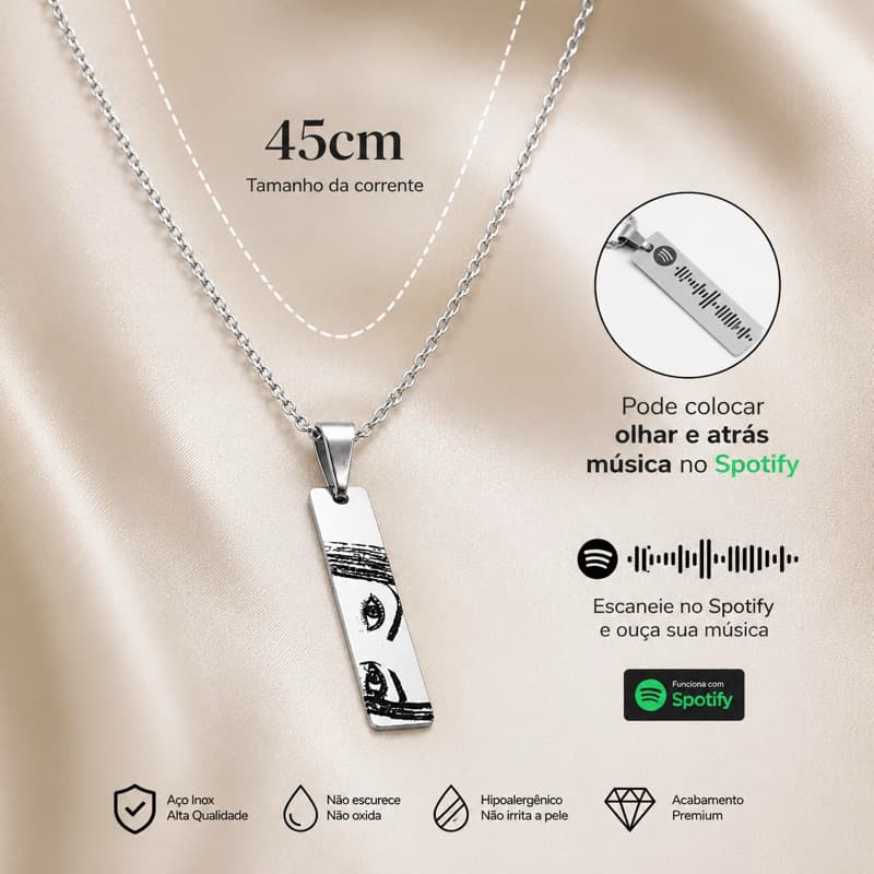 Colar Masculino Feminino com Código de Música Spotify em Aço Inox 45cm