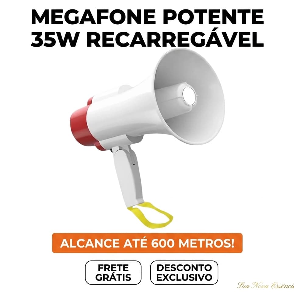 Megafone Amplificador de Voz Portátil 35W com Sirene e Gravador USB Recarregável