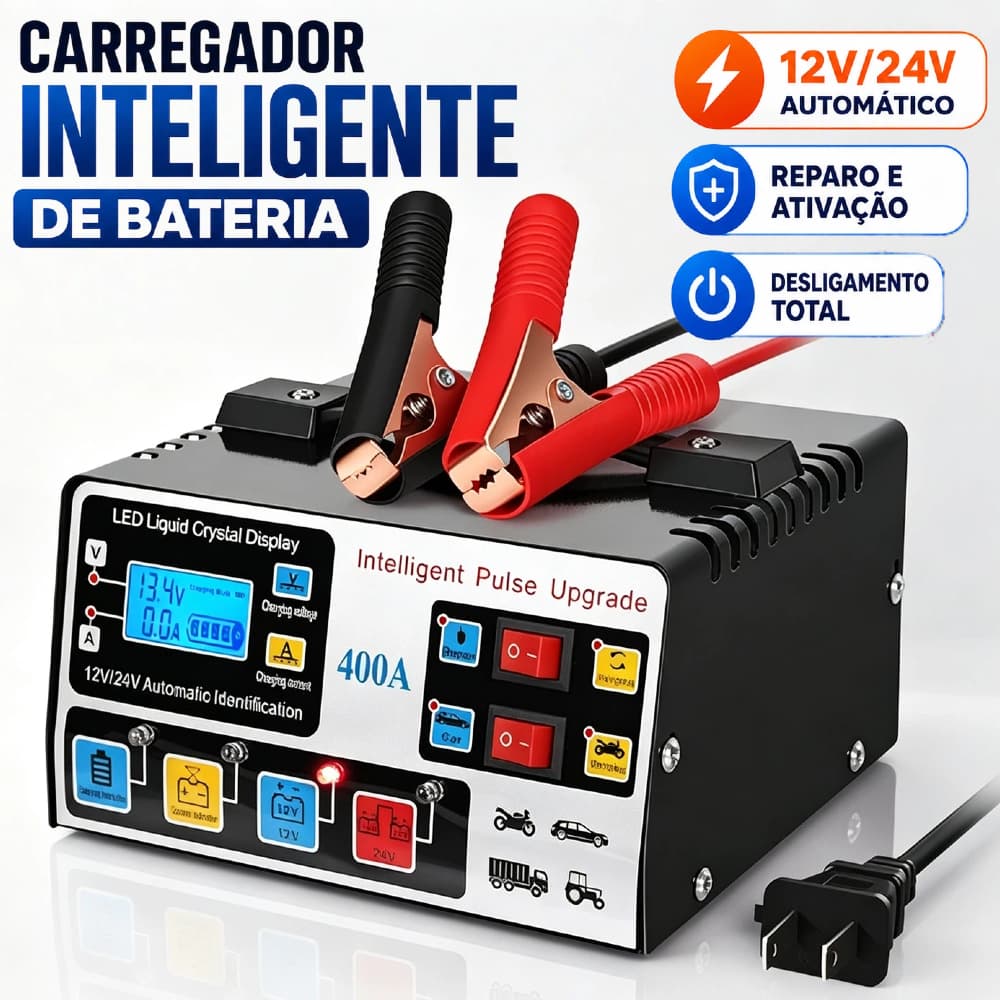 Carregador Automático de Bateria 12V 24V Reparo Pulso Alta Frequência Display LCD 220W para Carro