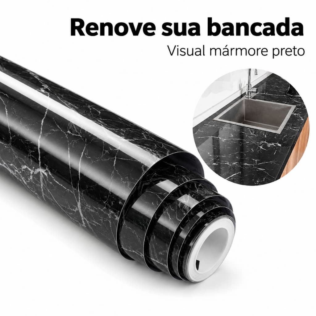 Adesivo Contact Mármore Preto 5m x 60cm Impermeável Lavável para Bancada Cozinha Armário e Móveis