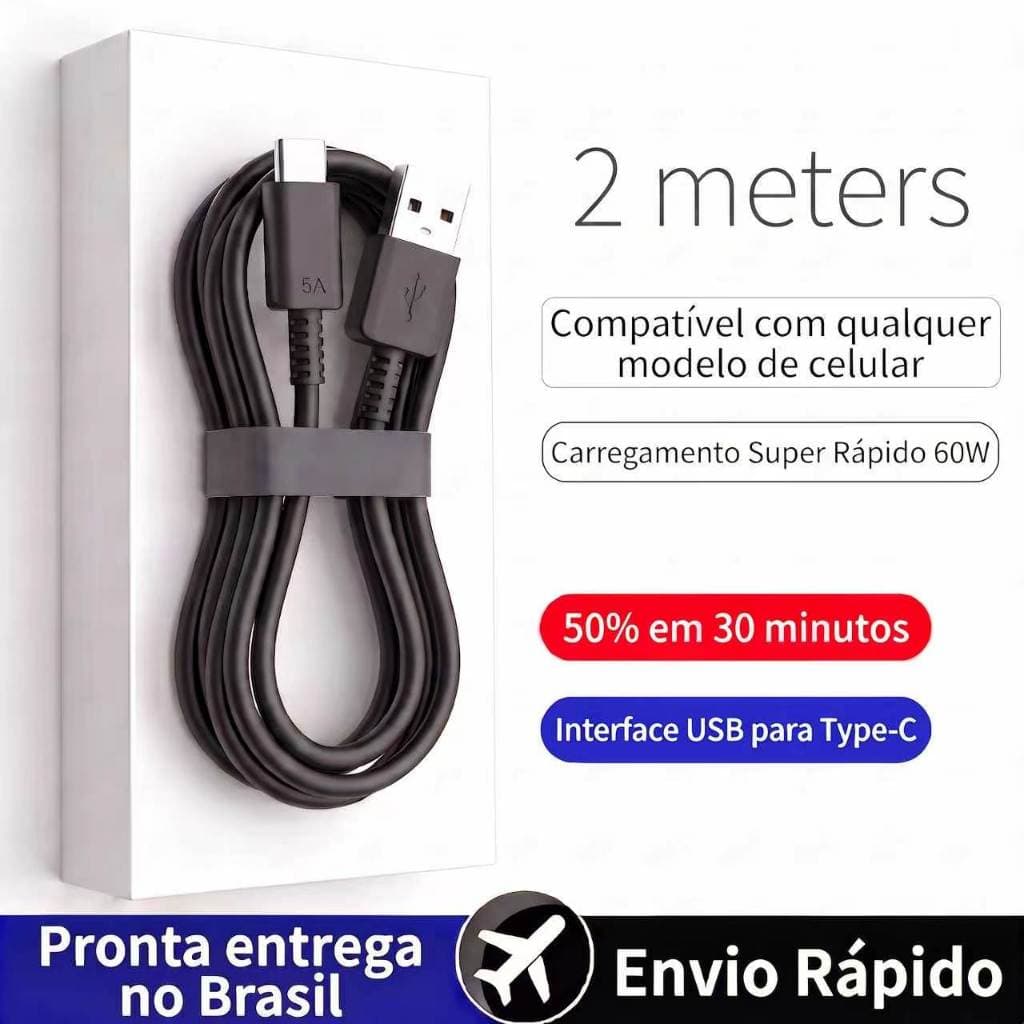 `Cabo USB para Tipo‑C 2 Metros Revestimento PVC Resistente Carregamento e Transferência de Dados`