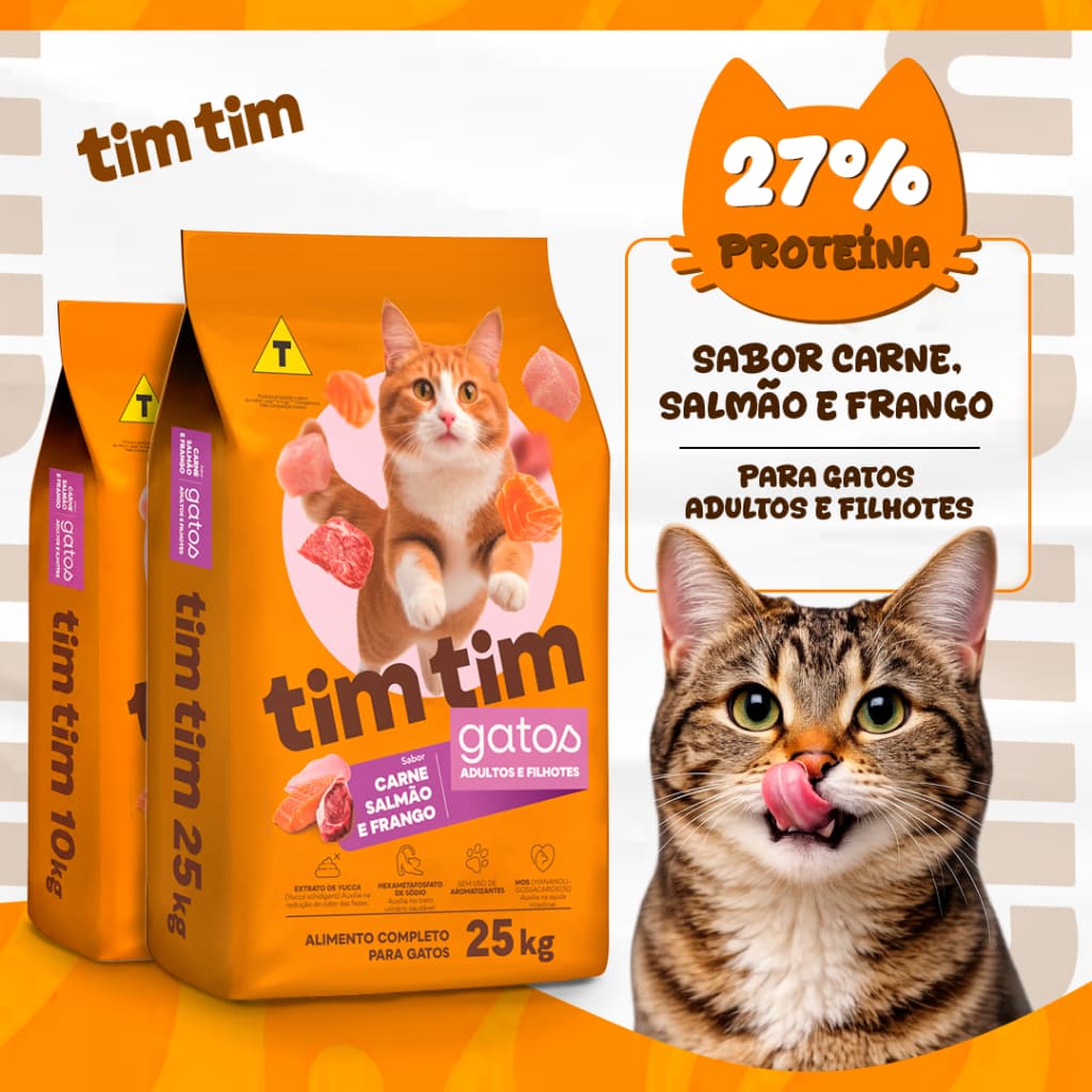 Ração Gato Filhote Adulto 25kg ou 10kg Tim Tim Cat Premium Sabor Salmão Carne Frango 27% Proteína