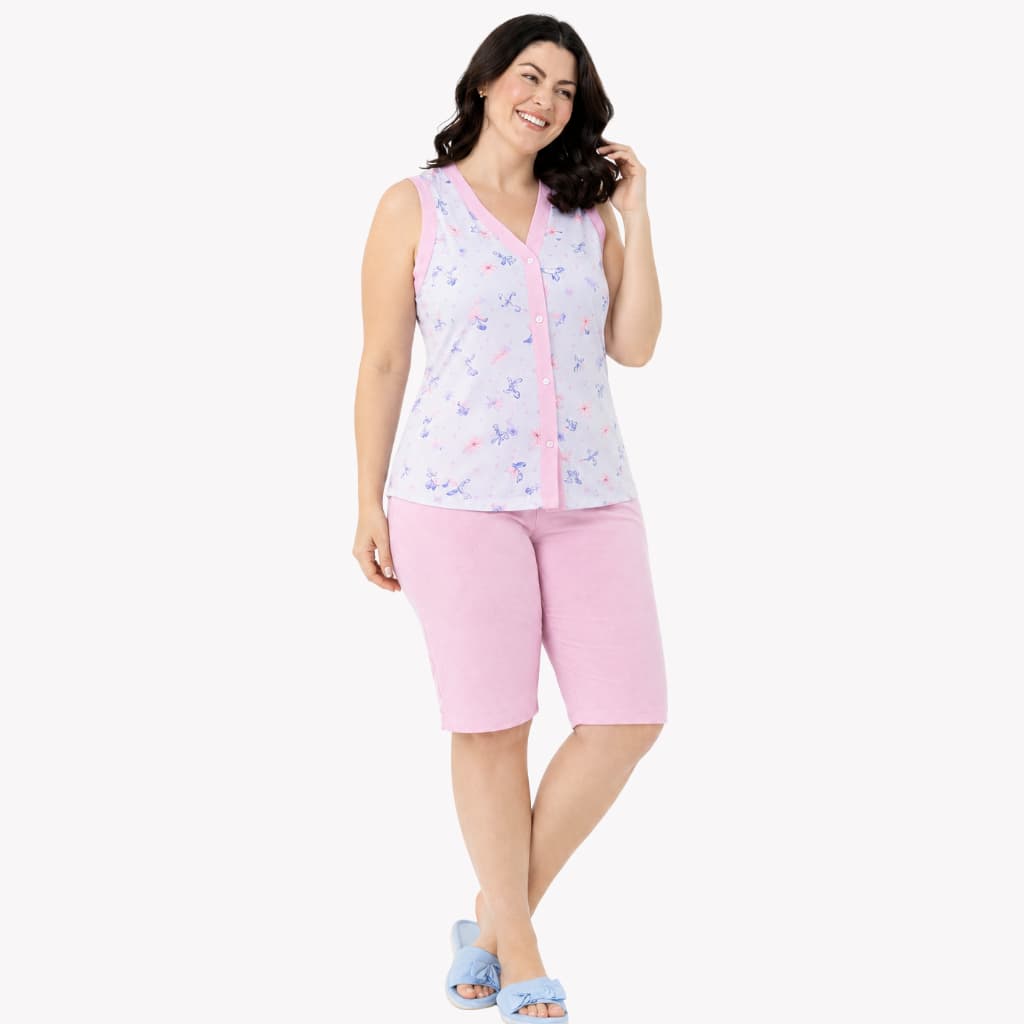 Pijama Feminino Aberto Regata Sem Mangas Pescador Bermuda Senhora Malha Confortável
