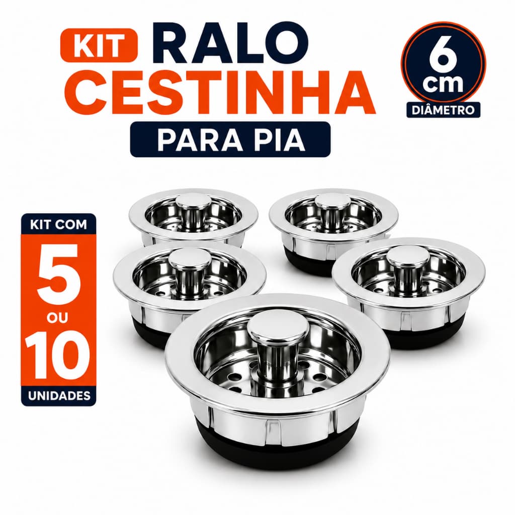 Kit Ralo Cestinha para Pia Cozinha 6cm ABS Cromado Válvula Americana 5 ou 10 Unidades