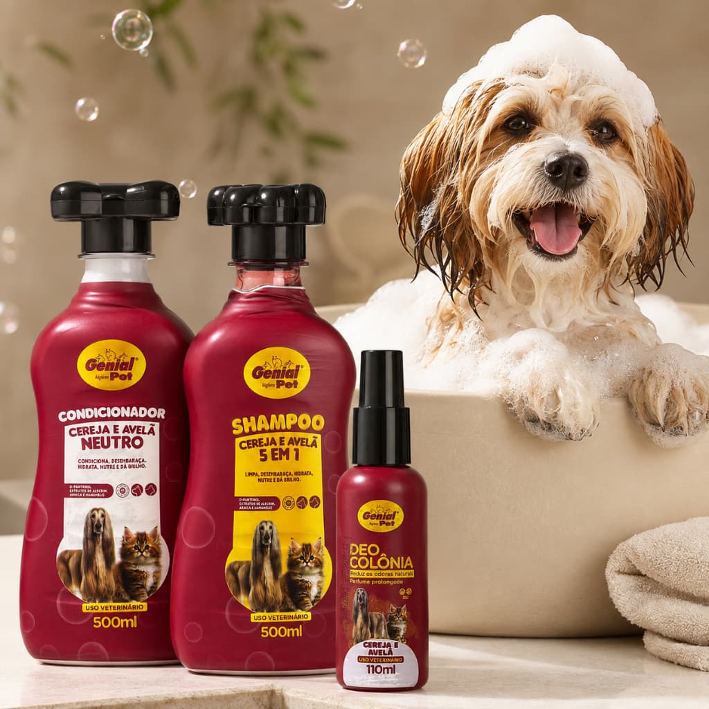 Kit Banho Pet Cereja e Avelã Genial Pet – Shampoo + Condicionador + Deo Colônia