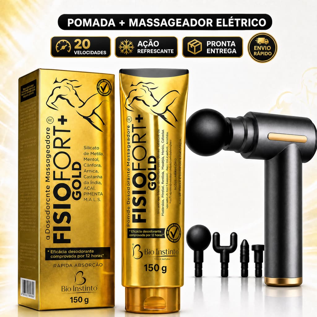 Kit Massagem e Recuperação Muscular Massageadora Elétrica Profissional Bivolt + Pomada Fisiofort Gold com Arnica 150g