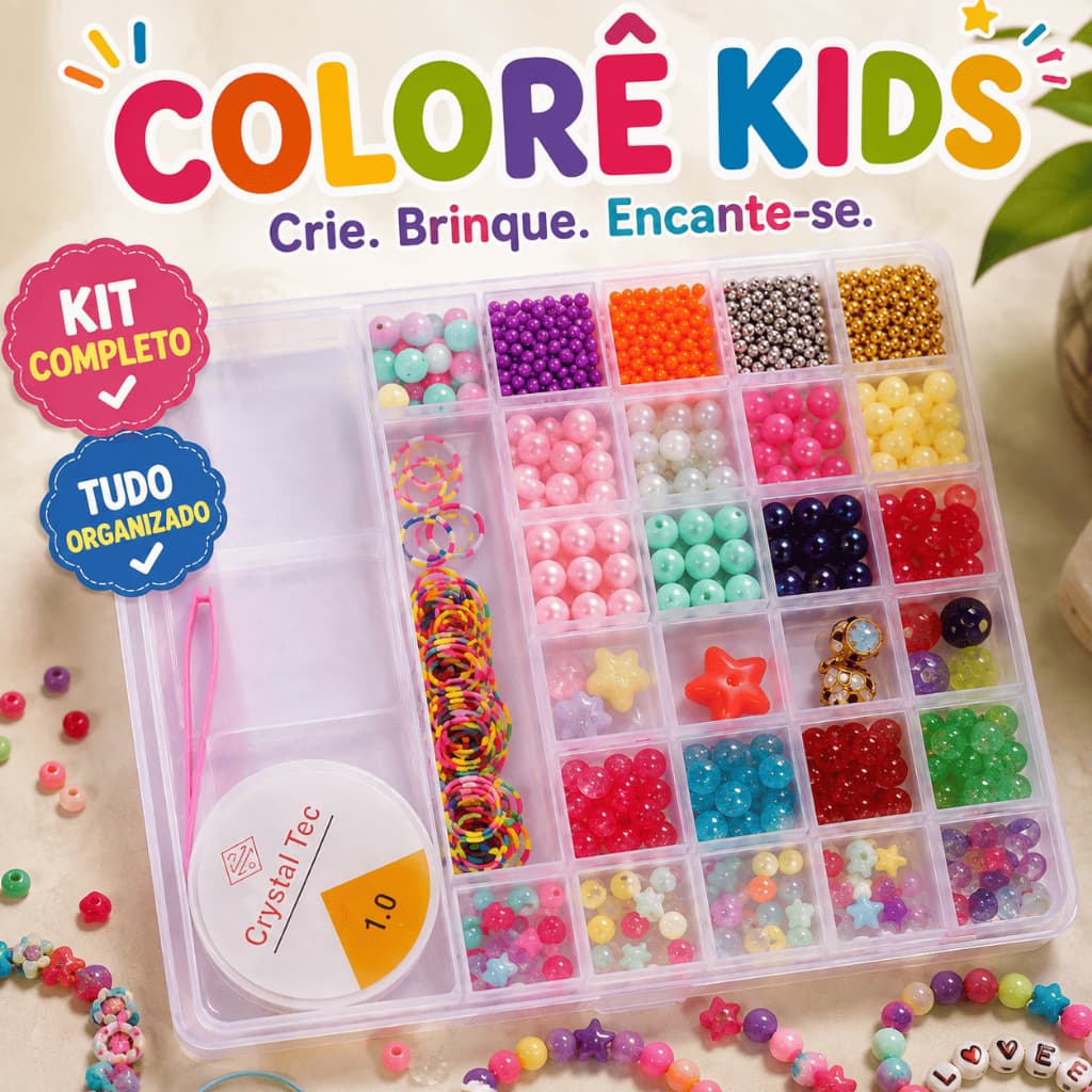 Kit Miçangas Coloridas Infantil para Pulseiras e Bijuterias Colorê Kids com Linha, Pinça e Caixa Organizadora