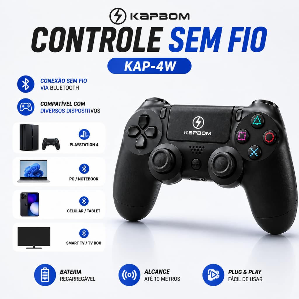 Controle Sem Fio para PS4, PC e Celular Kapbom KA-P4W com Bluetooth e Vibração