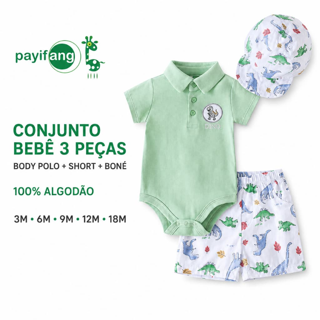 Payifang Conjunto Bebê Menino 3 Peças Body Polo Short e Boné 100% Algodão Dinossauro 3M a 18M