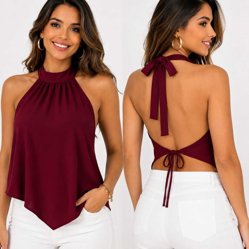 Blusa Feminina Frente Única Amarração  nas Costas  Gola Alta Elegante Estilosa