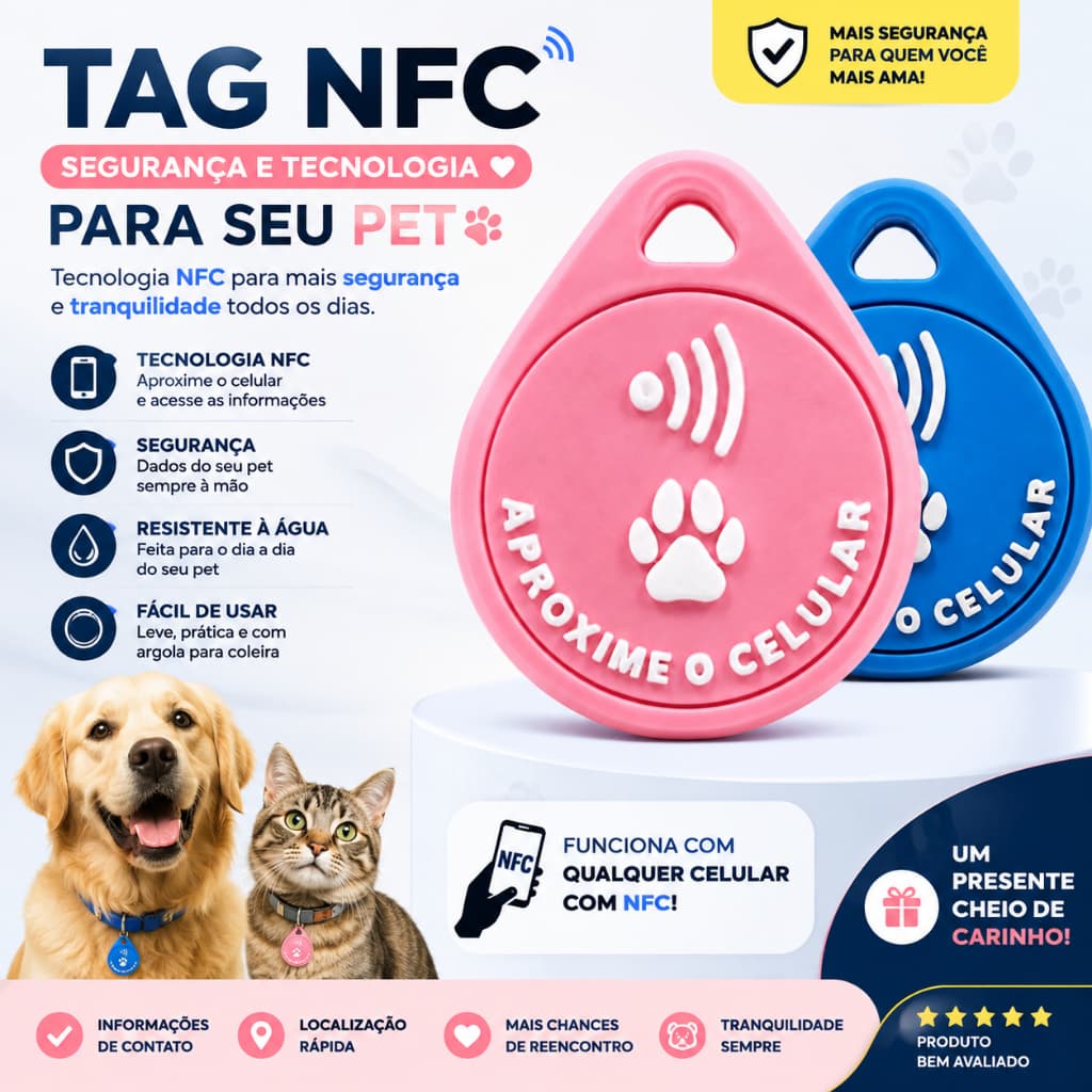 Tag NFC para Cães e Gatos Plaquinha Inteligente de Identificação Pet