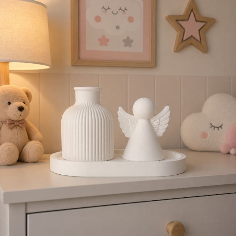 Kit Decoração Quarto Infantil Religioso Anjo + Vaso Canelado + Bandeja | Decoração Bebê Fé e Proteção