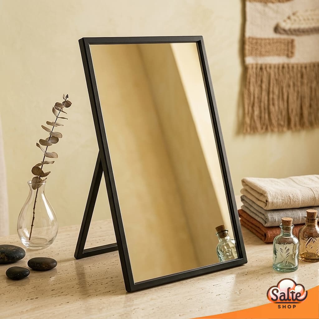 Espelho De Vidro Retangular Com Moldura Para Mesa E Com Alça Para Parede 25x18CM Decoração Luxuosa