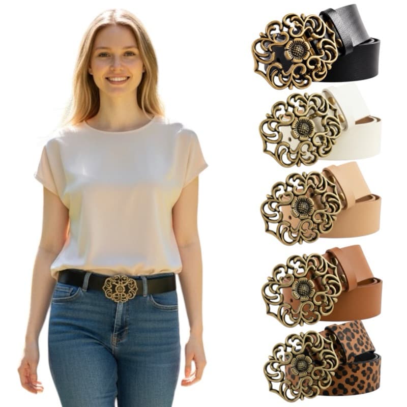 Cintos Femininos Da Moda Elegante Lançamento Fivela Flor Ouro Velho Couro Sintético Largura 3,5cm - Kiara